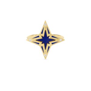 18K Yellow Gold Stardust Diamond And Blue Ceramic Star Ring