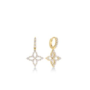 18K Yellow Gold Diamond Princess Outline Small Tapered Flower Drop Earrings