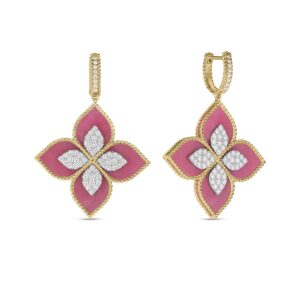 18K Yellow Gold Venetian Princess Diamond And Rhodonite Large Flower Drop Earrings