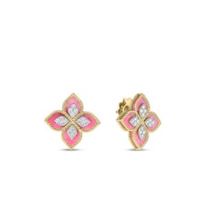 18K Yellow Gold Venetian Princess Diamond And Rhodonite Flower Stud Earrings
