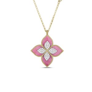 18K Yellow Gold Venetian Princess Diamond And Rhodonite Large Flower Long Necklace