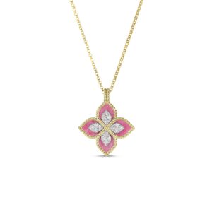 18K Yellow Gold Venetian Princess Diamond And Rhodonite Flower Necklace