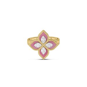18K Yellow Gold Venetian Princess Diamond And Rhodonite Flower Ring