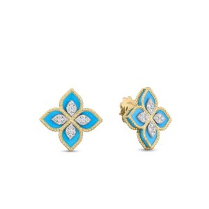 18K Yellow Gold Venetian Princess Diamond And Turquoise Flower Stud Earrings
