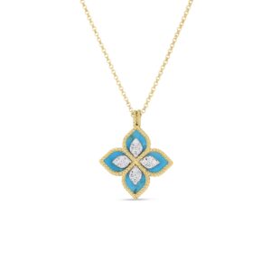 18K Yellow Gold Venetian Princess Diamond And Turquoise Flower Necklace