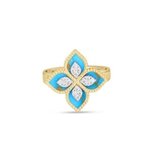 18K Yellow Gold Venetian Princess Diamond And Turquoise Flower Ring