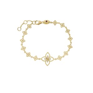 18K Yellow Gold Princess Flower Chain And Diamond Flower Charm Bracelet