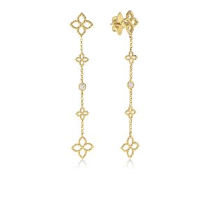 18K Yellow Gold Princess Flower Diamond And Flower Station Dangle Earrings