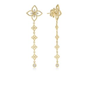 18K Yellow Gold Princess Flower Diamond Flower Dangle Earrings