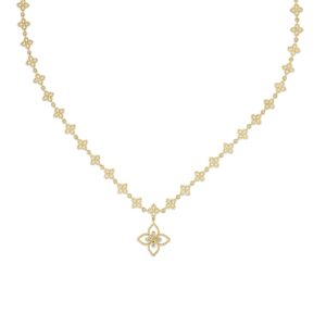 18K Yellow Gold Princess Flower Chain And Diamond Flower Pendant Necklace