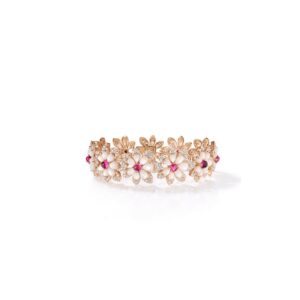 18K Rose Gold Tiare' Diamond, Rubellite, And Mother Of Pearl Flower Bracelet