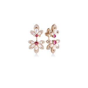 18K Rose Gold Tiare' Diamond, Rubellite, And Mother Of Pearl Drop Earrings