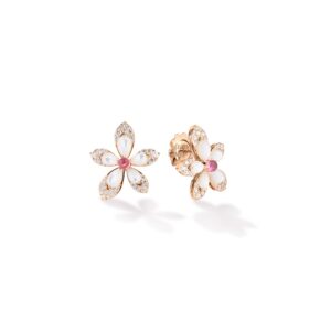 18K Rose Gold Tiare' Diamond, Rubellite, And Mother Of Pearl Flower Stud Earrings