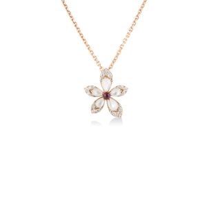 18K Rose Gold Tiare' Diamond, Rubellite, And Mother Of Pearl Flower Necklace