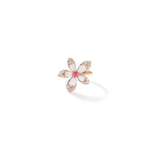 18K Rose Gold Tiare' Diamond, Rubellite, And Mother Of Pearl Flower Ring