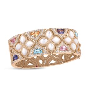 18K Rose Gold Venetian Princess Carnival Diamond, Mother Of Pearl, And Mixed Stones Flower Wide Bangle