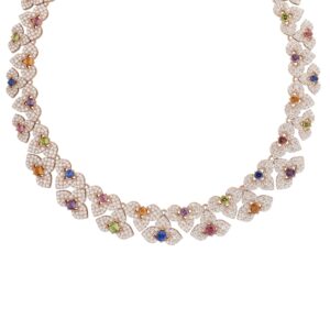 18K Rose Gold Venetian Princess Carnival Pavé Diamond And Mixed Stones Cut Flowers Necklace