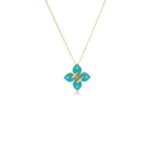 18K Turquoise Love In Verona Diamond And Enamel Flower Necklace