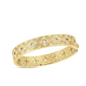 18K Yellow Gold Venetian Princess Etched Frame Diamond Flower Bangle