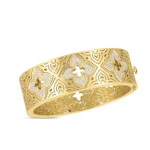 18K Yellow Gold Venetian Princess Etched Framed Diamond Flower Wide Bangle