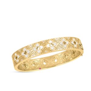 18K Yellow Gold Venetian Princess Etched Frame Diamond And Enamel Flower Bangle