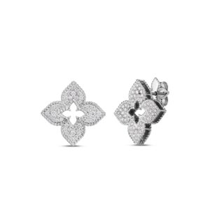 18K White Gold Venetian Princess Pavé Diamond Medium Flower Stud Earrings