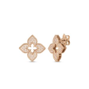 18K Rose Gold Venetian Princess Pavé Diamond Medium Flower Stud Earrings