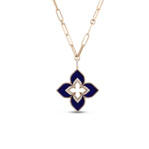 18K Rose Gold Venetian Princess Diamond And Lapis Large Flower Long Necklace