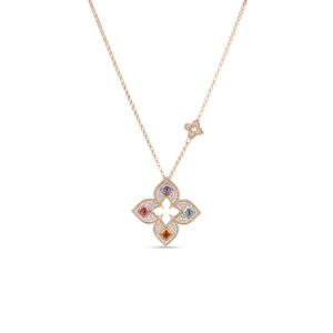 18K Rose Gold Venetian Princess Carnival Pavé Diamond And Mixed Stones Large Open Flower Long Necklace