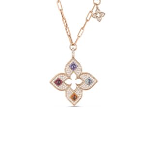 18K Rose Gold Venetian Princess Carnival Pavé Diamond And Mixed Stones Large Open Flower Necklace