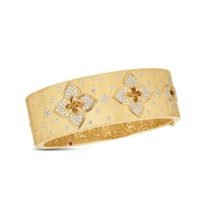 18K Yellow Gold Venetian Princess Diamond And Satin Finish Flower Wide Bangle