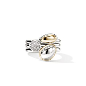 Pebble Stacking Ring Trio, Gold, Sterling Silver, Diamonds