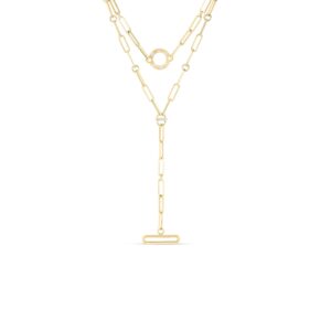 18K Yellow Gold Designer Gold Diamond Double Dangle Paperclip Necklace