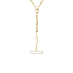 18K Yellow Gold Designer Gold Paperclip Diamond Dangle Necklace
