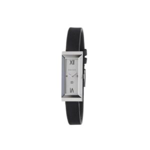 Gucci G-Frame Watch, 14x34mm - Silver Dial with Diamonds, Black Leather Strap