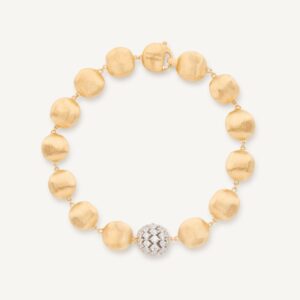 18K Yellow Gold Bead Bracelet with Diamonds, 7.75"