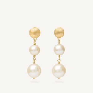 18K Yellow Gold Drop Earrings with Pearls, 1.1"