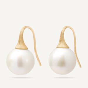18K Yellow Gold Pearl Earrings, 1.4"