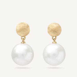 18K Yellow Gold Pearl Double Earrings, 0.7"