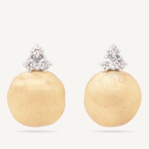 18K Yellow Gold Bead Earrings with Diamonds, 0.8"