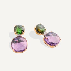 18K Yellow Gold Green Tourmaline and Amethyst  Earrings with Diamonds, 1.24"
