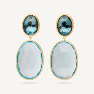 18K Yellow Gold Blue Topaz Earrings, 1.2"