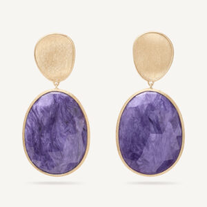 18K Yellow Gold Charoite Earrings, 1.7"