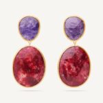 18K Yellow Thulite and Charoite Earrings, 1.8"