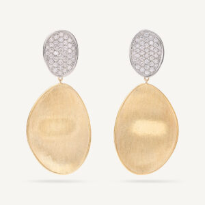 18K Yellow Gold Petal Earrings with Diamond Top, 2.2"
