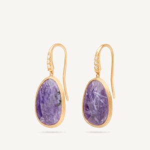 18K Yellow Gold Charoite Earrings with Diamonds, 1"