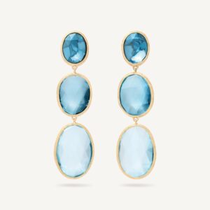 18K Yellow Gold Blue Topaz Earrings, 2"