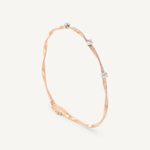 18K Rose Gold Coil Bangle with Diamond Stations, 2mm