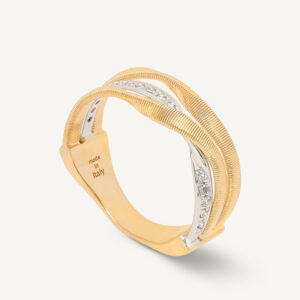 18K Yellow Gold Three Row Coil Ring with Diamonds