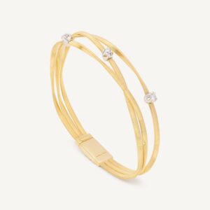 18K Yellow Gold Three Strand Coil Bracelet with Diamond Stations, 7"